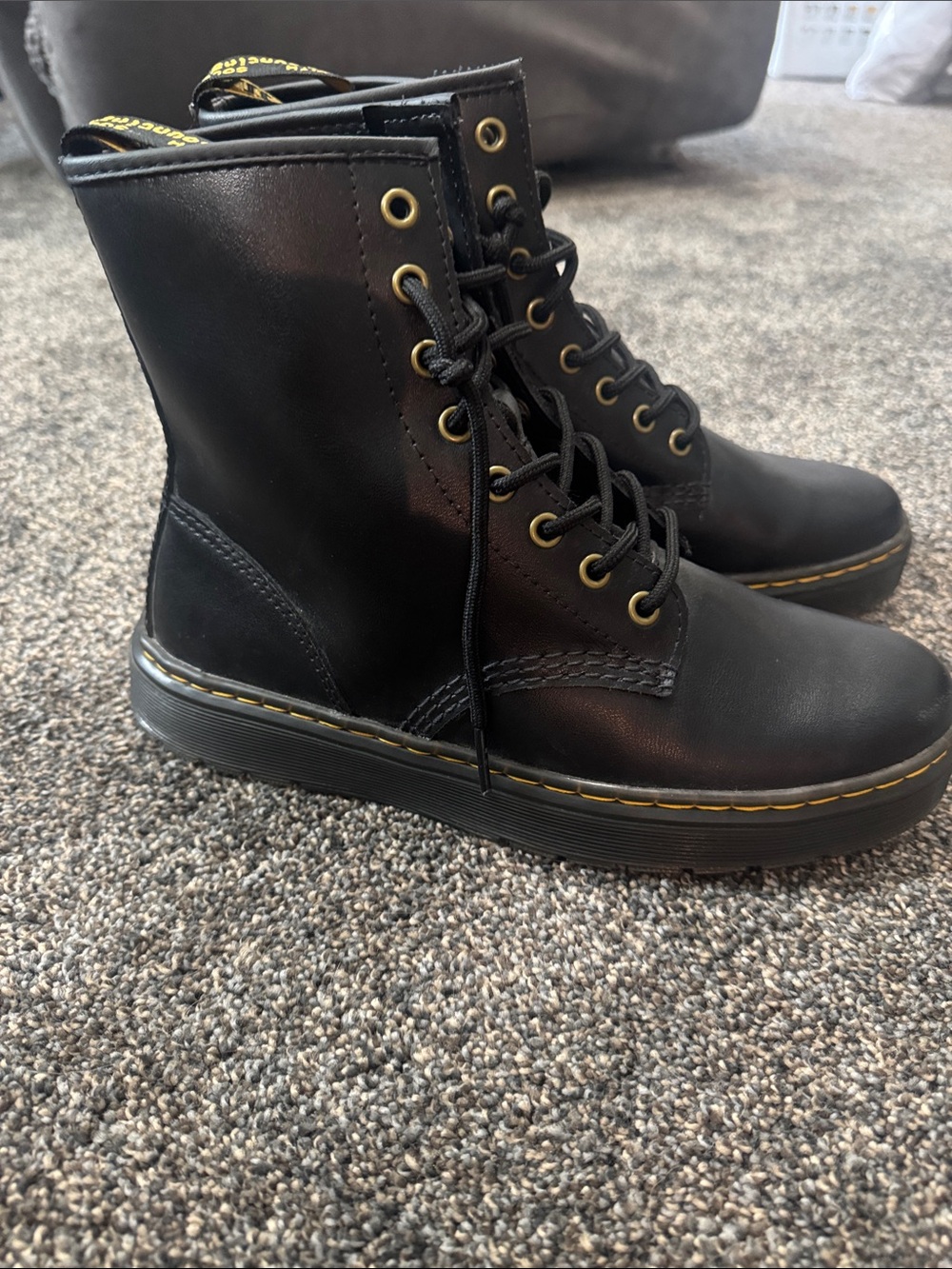Dr. Martens Black Leather Lace-Up Boots with Yellow Accents - Picture 2 of 8